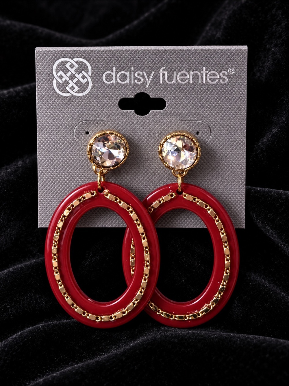 Daisy Fuentes Red Oval Drop Earrings with Gold Chain Detail and Crystal Studs